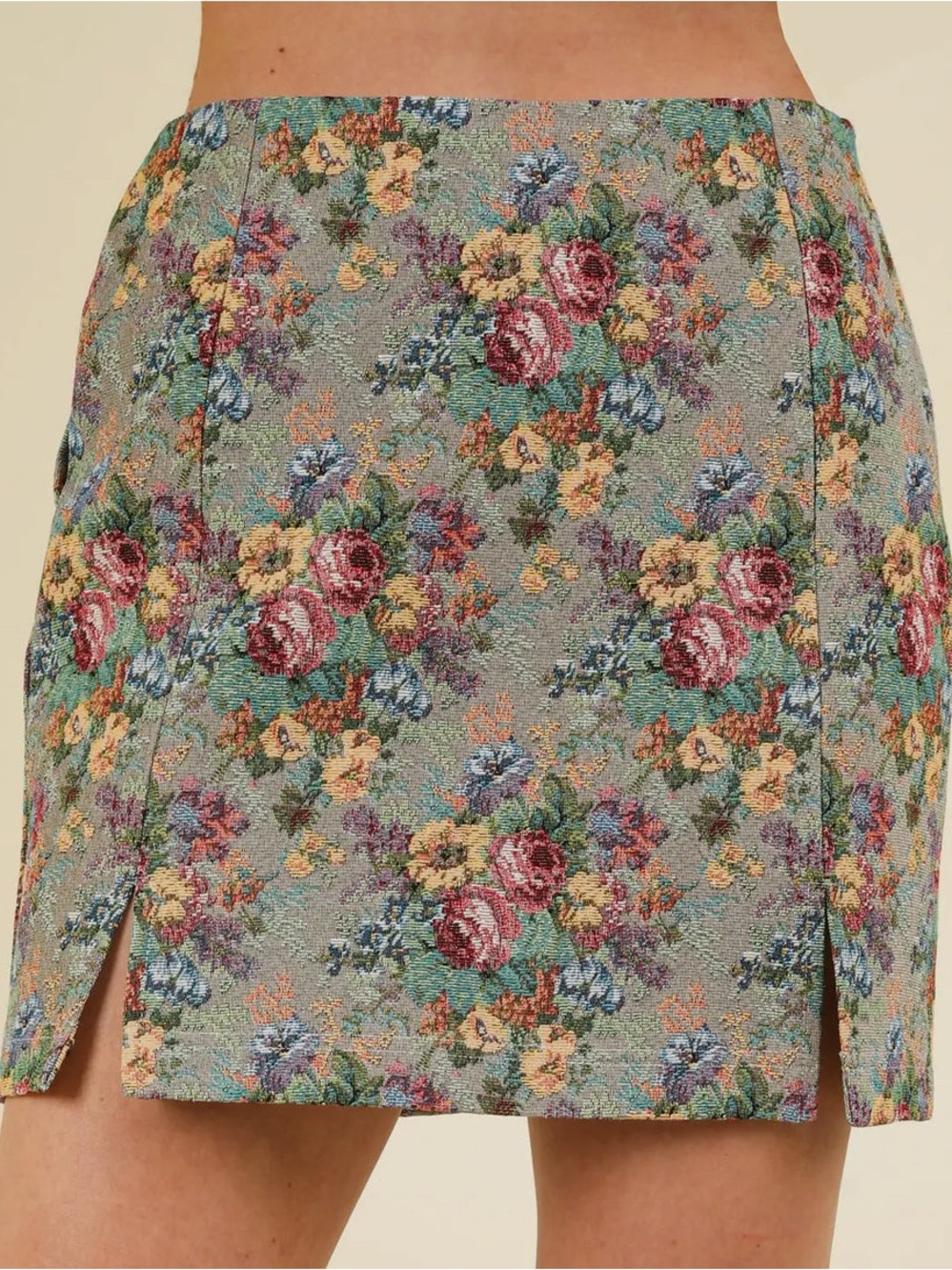 Floral Jacquard Mini Skirt in Sage Green Floral